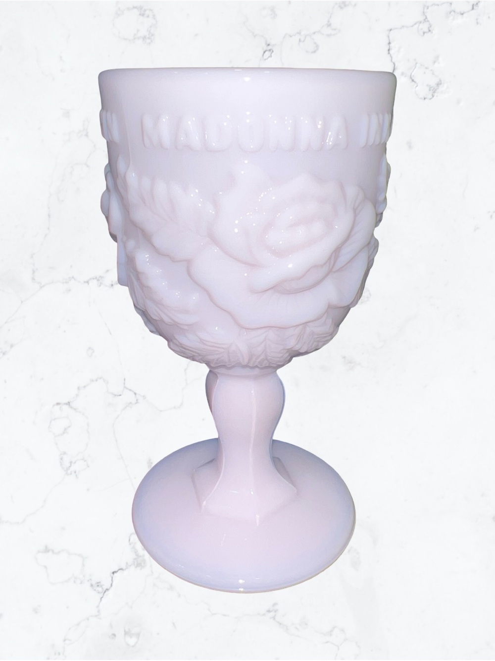 Vintage Madonna Inn Fenton LG Wright Pink Milk Glass Embossed Rose Goblet 6.5"